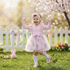 Ежедневна детска рокля с дълъг ръкав в розово с къдрички и тюл в долната част