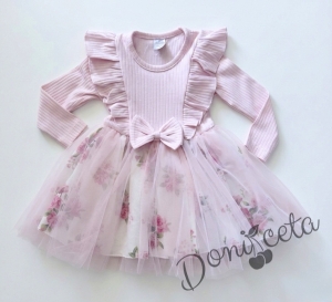 Ежедневна детска рокля с дълъг ръкав в розово с къдрички и тюл в долната част