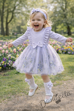 Ежедневна рокля с дълъг ръкав в лилаво с къдрички и тюл в долната част