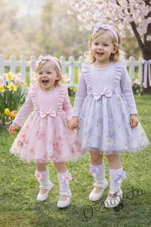 Ежедневна рокля с дълъг ръкав в лилаво с къдрички и тюл в долната част