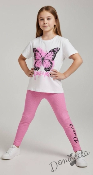 Комплект за момиче от блузка с къс ръкав в бяло с пеперуда в розово и клин 