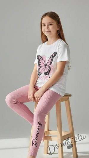 Комплект за момиче от блузка с къс ръкав в бяло с пеперуда в розово и клин 