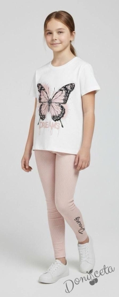 Комплект за момиче от блузка с къс ръкав в бяло с пеперуда в прасковено и клин 