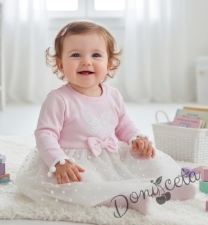 Бебешка ежедневна рокля с дълъг ръкав в розово с пеперуда и тюл