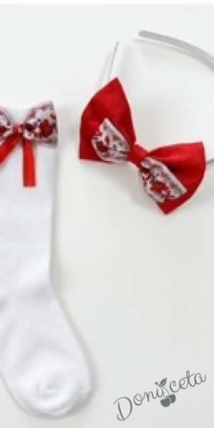 Комплект от детска рокля в червено с фолклорни етно мотиви с ръкав до лакътя, диадема и чорапки