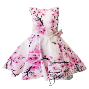 Детска памучна рокля в бяло с цикламени орхидеи тип клош  Вилина