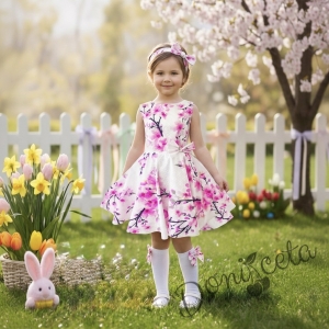 Комплект от 3 части-детска рокля с орхидеи клош тип в розово Вилина, диадема и чорапки