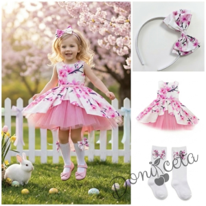 Комплект от детска официална памучна рокля с цветя в розово с тюл и колан Надежда с чорапи и диадема