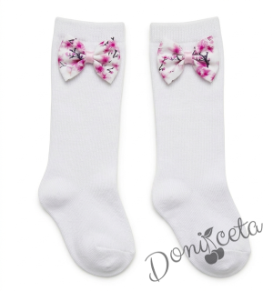 Комплект от детска официална памучна рокля с цветя в розово с тюл и колан Надежда с чорапи и диадема