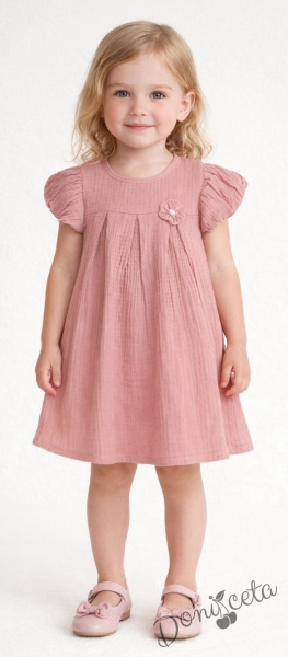 Детска ежедневна рокля с къс ръкав в пепел от рози от памучен муселин