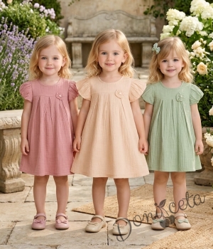 Детска ежедневна рокля с къс ръкав в пепел от рози от памучен муселин