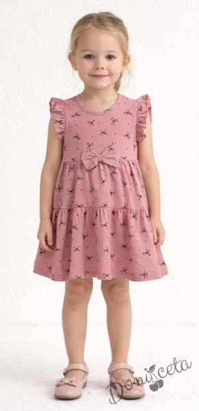 Детска ежедневна рокля с къс ръкав в пепел от рози с десен на панделки
