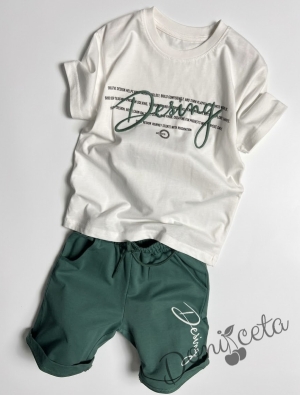 Комплект за момче от 2 части - тениска с надпис и къси панталони в маслиново зелен цвят