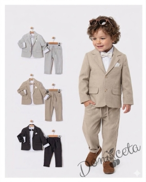 Спортно-елегантен комплект от за момче от 4 части в бежово - риза в бяло, сако с джобове, панталон с връзки и папийонка