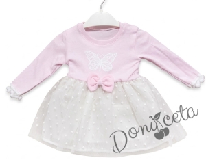 Бебешка ежедневна рокля с дълъг ръкав в розово с пеперуда и тюл