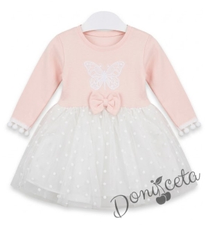 Бебешка ежедневна рокля с дълъг ръкав в прасковено с пеперуда и тюл