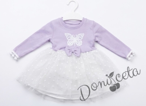 Бебешка ежедневна рокля с дълъг ръкав в лилаво с пеперуда и тюл