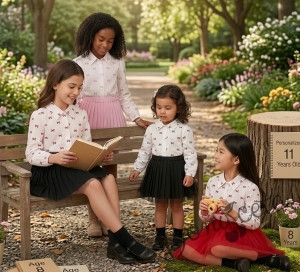 Комплект за момиче от риза в бяло с черни панделки и плисирана пола в черно Габи