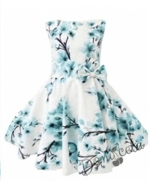 Комплект от 3 части-детска рокля с орхидеи в тюркоаз Вилина, диадема и чорапки