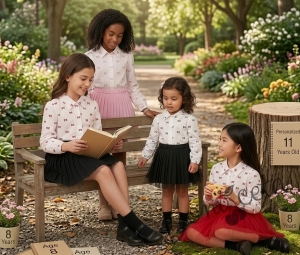 Комплект за момиче от риза в бяло с розови панделки и плисирана пола в розово Габи