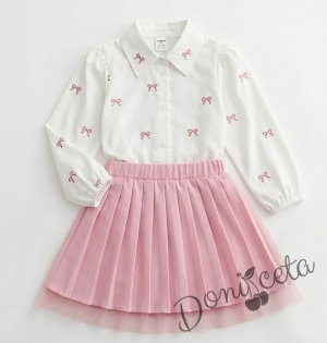 Комплект за момиче от риза в бяло с розови панделки и плисирана пола в розово Габи