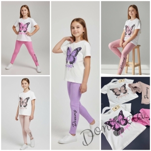 Комплект за момиче от блузка с къс ръкав в бяло с пеперуда в розово и рипсен клин 