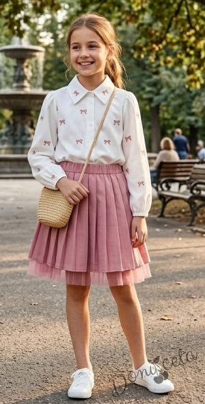 Комплект за момиче от риза в бяло с панделки и плисирана пола в пепел от рози Габи