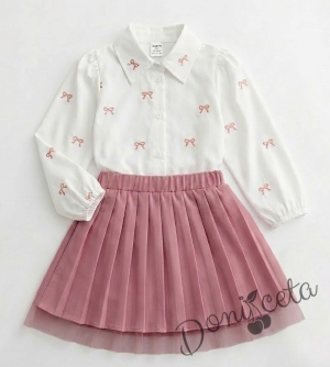 Комплект за момиче от риза в бяло с панделки и плисирана пола в пепел от рози Габи