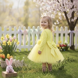 Детска празнична рокля с дълъг ръкав в жълто с дантела и тюл Крис