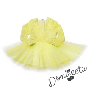 Детска празнична рокля с дълъг ръкав в жълто с дантела и тюл Крис