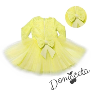 Детска празнична рокля с дълъг ръкав в жълто с дантела и тюл Крис