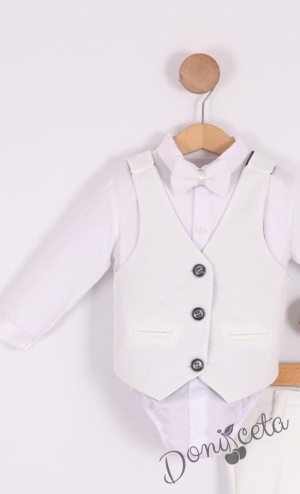 Бебешки комплект от боди-риза в бяло, панталон, елек и папийонка 8774