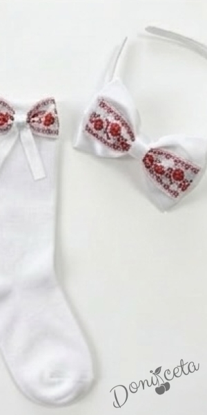 Комплект от детска народна носия-рокля без ръкав с фолклорни и етно мотиви с болеро, чорапки и дадема