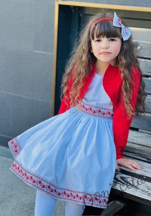 Комплект от детска народна носия-рокля без ръкав с фолклорни и етно мотиви с болеро, чорапки и дадема