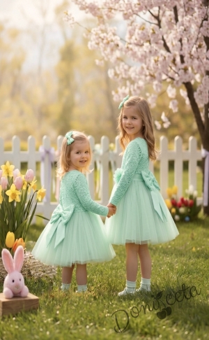 Детска официална рокля с дълъг ръкав в тюркоаз /мента с дантела и тюл Крис