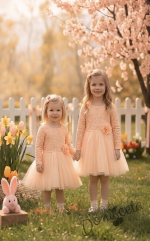 Детска официална рокля с дълъг ръкав в нежно прасковено с дантела и тюл Крис