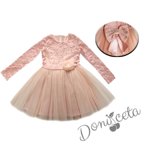 Детска официална рокля с дълъг ръкав в нежно прасковено с дантела и тюл Крис