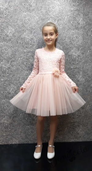 Детска официална рокля с дълъг ръкав в нежно прасковено с дантела и тюл Крис