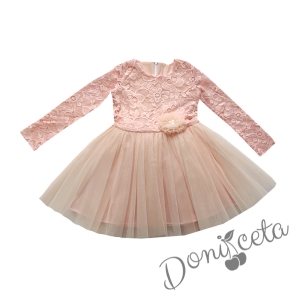 Детска официална рокля с дълъг ръкав в нежно прасковено с дантела и тюл Крис