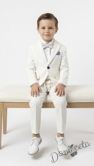 Спортно-елегантен комплект Тери  за момче от 4 части в екрю - риза в бяло, сако с джобове, панталон с връзки и папийонка