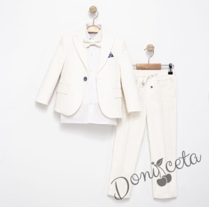 Спортно-елегантен комплект Тери  за момче от 4 части в екрю - риза в бяло, сако с джобове, панталон с връзки и папийонка