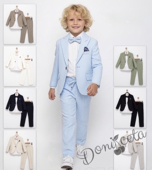 Спортно-елегантен комплект Тери  за момче от 4 части в екрю - риза в бяло, сако с джобове, панталон с връзки и папийонка