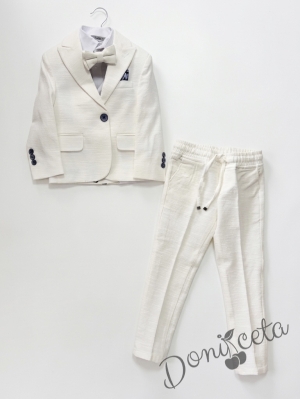 Спортно-елегантен комплект Тери  за момче от 4 части в екрю - риза в бяло, сако с джобове, панталон с връзки и папийонка