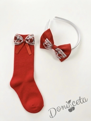 Комплект от детска рокля в червено с фолклорни етно мотиви с ръкав до лакътя, диадема и чорапки в червено