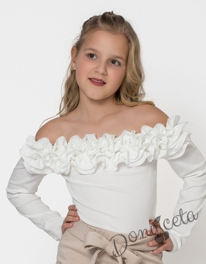 Детска блуза за момиче с дълъг ръкав с ефектно деколте с къдрички
