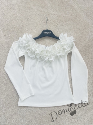 Детска блуза за момиче с дълъг ръкав с ефектно деколте с къдрички