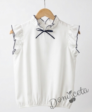 Детска риза за момиче Contrast в бяло с панделка в тъмносиньo и къдрички с кант в тъмносиньo 