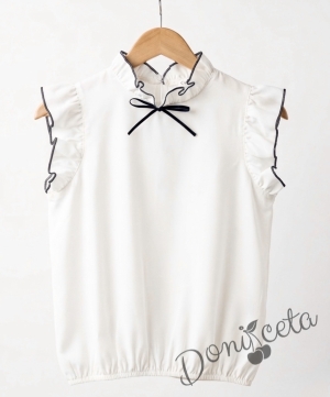 Детска риза за момиче Contrast в бяло с панделка в черно и къдрички с кант в черно