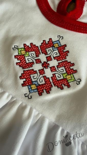 Комплект от бебешка рокличка с къс ръкав с фолклорни/етно мотиви за момиченце и болеро в червено