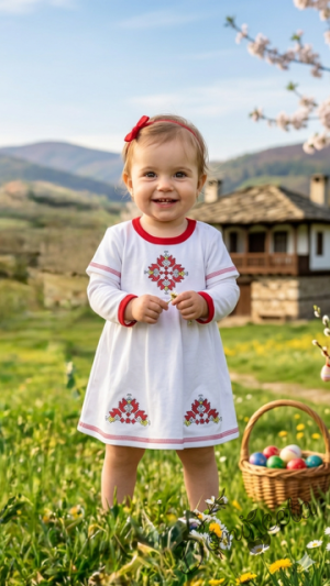 Комплект от бебешка рокличка с къс ръкав с фолклорни/етно мотиви за момиченце и болеро в червено